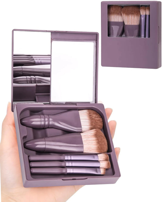 5Pc Mini Makeup Brush Set With Mirror For Travel Case