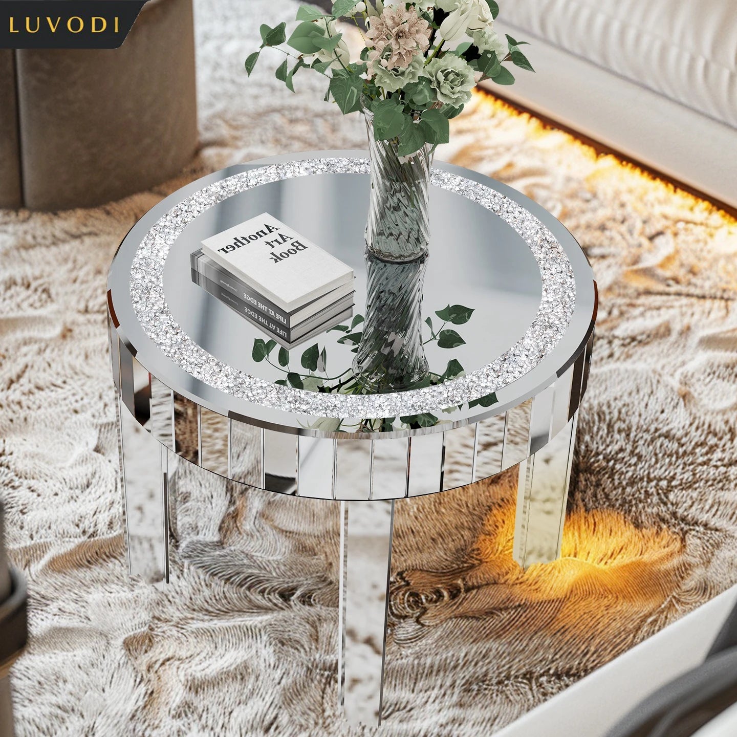 LUVODI Luxurious Round Bejeweled Mirrored Nightstand With Crystal Inlay Detailing