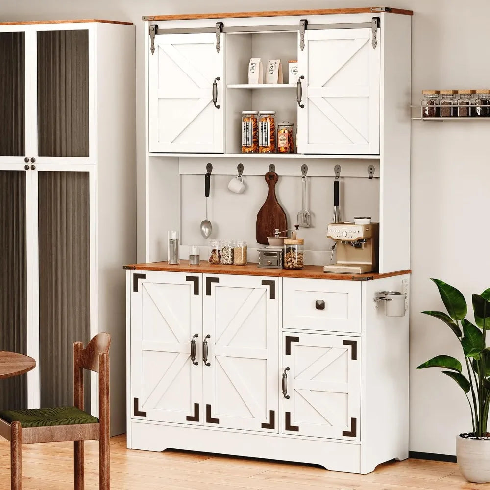 Pantry Cabinet With Charging Station And Microwave Stand Farmhouse Hutch