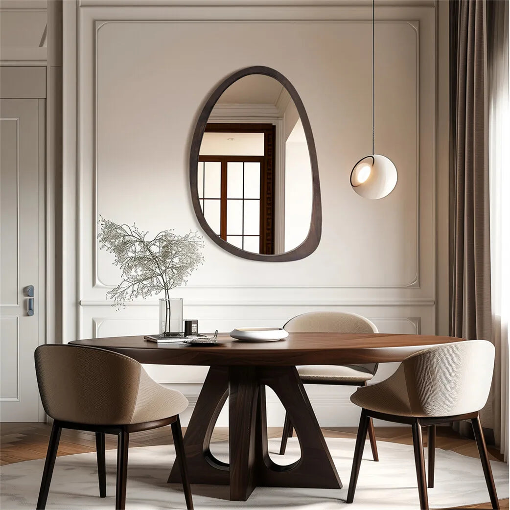 BORWART Walnut Wood Frame Wall Mirror Decorative Irregular Industrial Style for Living Room Bedroom Bathroom Entryway