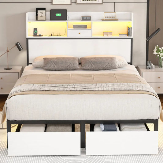 Queen Bed Frame with Tall Headboard and LED Lights, 51.2" Bookcase Bed Frame Queen Size with Storage Drawers and, Customized