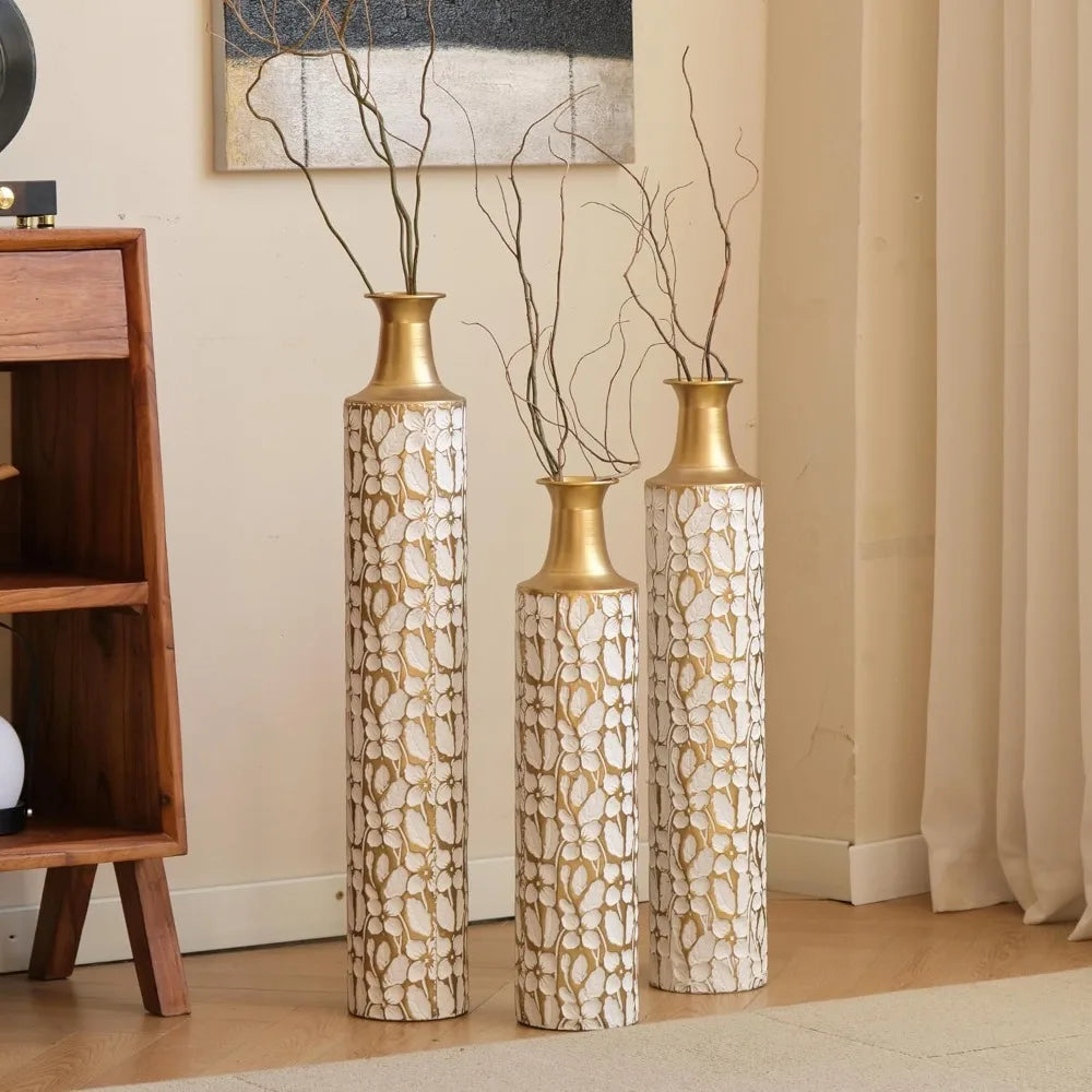 Metal Vase Set Of 3 Centerpiece Vases With Twigs And Dried Flowers For Living Room Decor