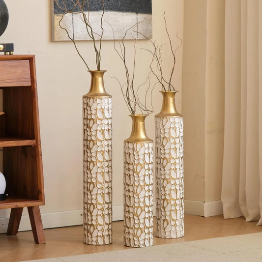 Metal Vase Set Of 3 Centerpiece Vases With Twigs And Dried Flowers For Living Room Decor