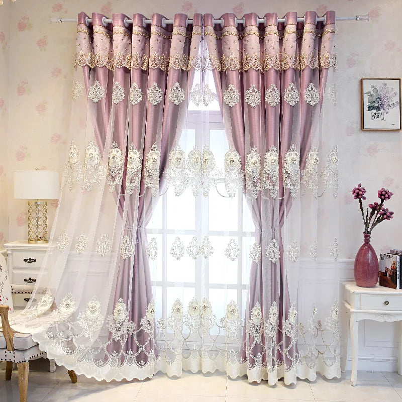 Double Layer Blackout Curtains With Embossed Base And 3D Embroidered Detailing In Polyester For Bedroom And Living Room