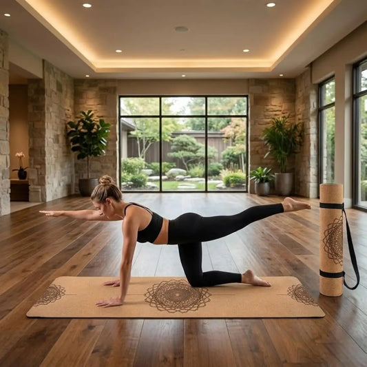 6mm Thick Cork Yoga Mat with Carrying Strap, Non-Slip & Sweat-Resistant for Home Gym Fitness