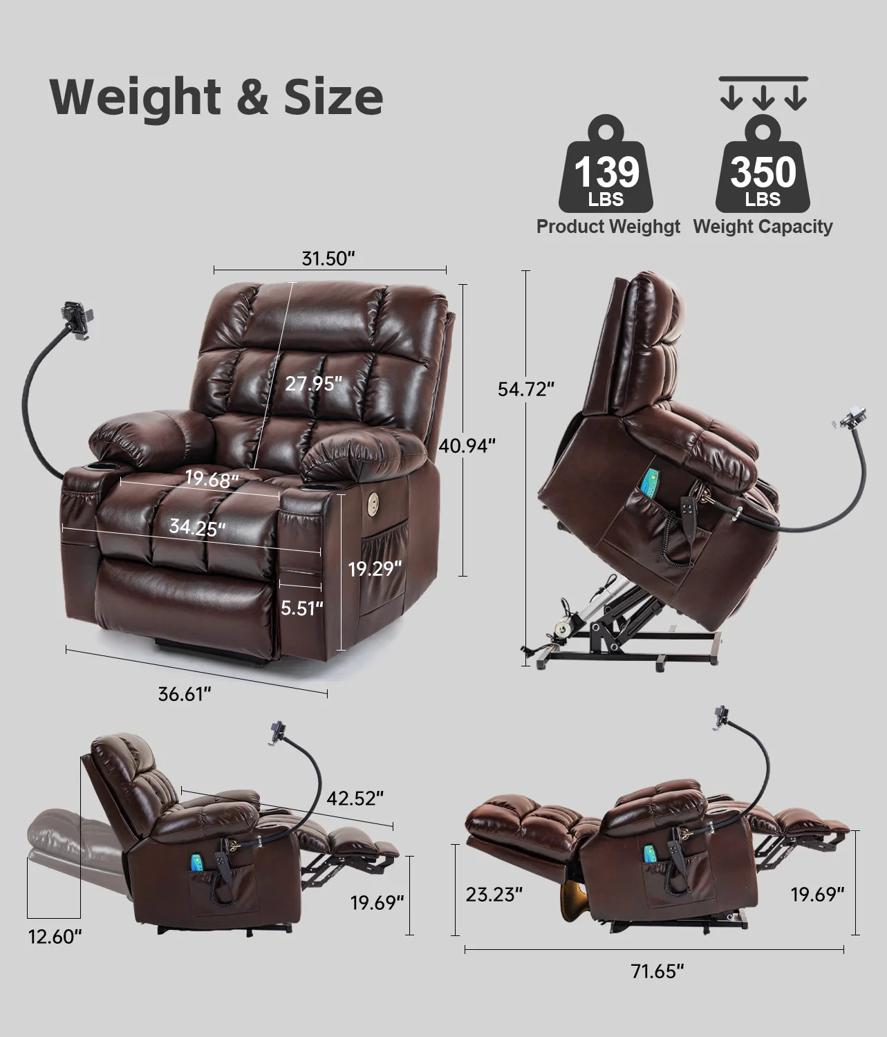 ExecutiveGrade Leather Heated Lift Recliner Chair With DualMotorized Massager USB
