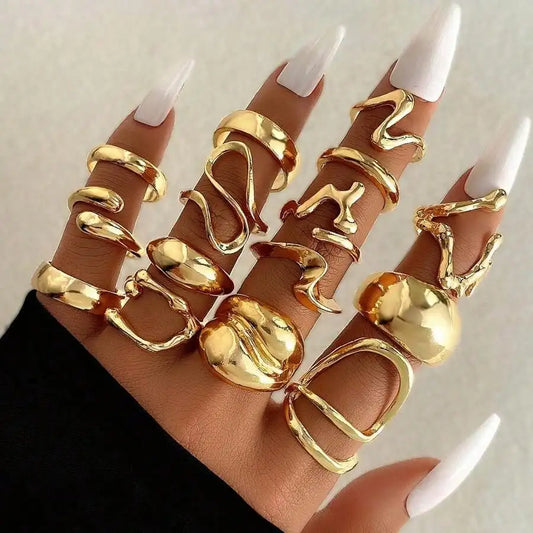 11pcs Gold Punk Rings Set, Vintage Geometric Fashion Jewelry for Daily & Party Wear, Non-Adjustable Open Design