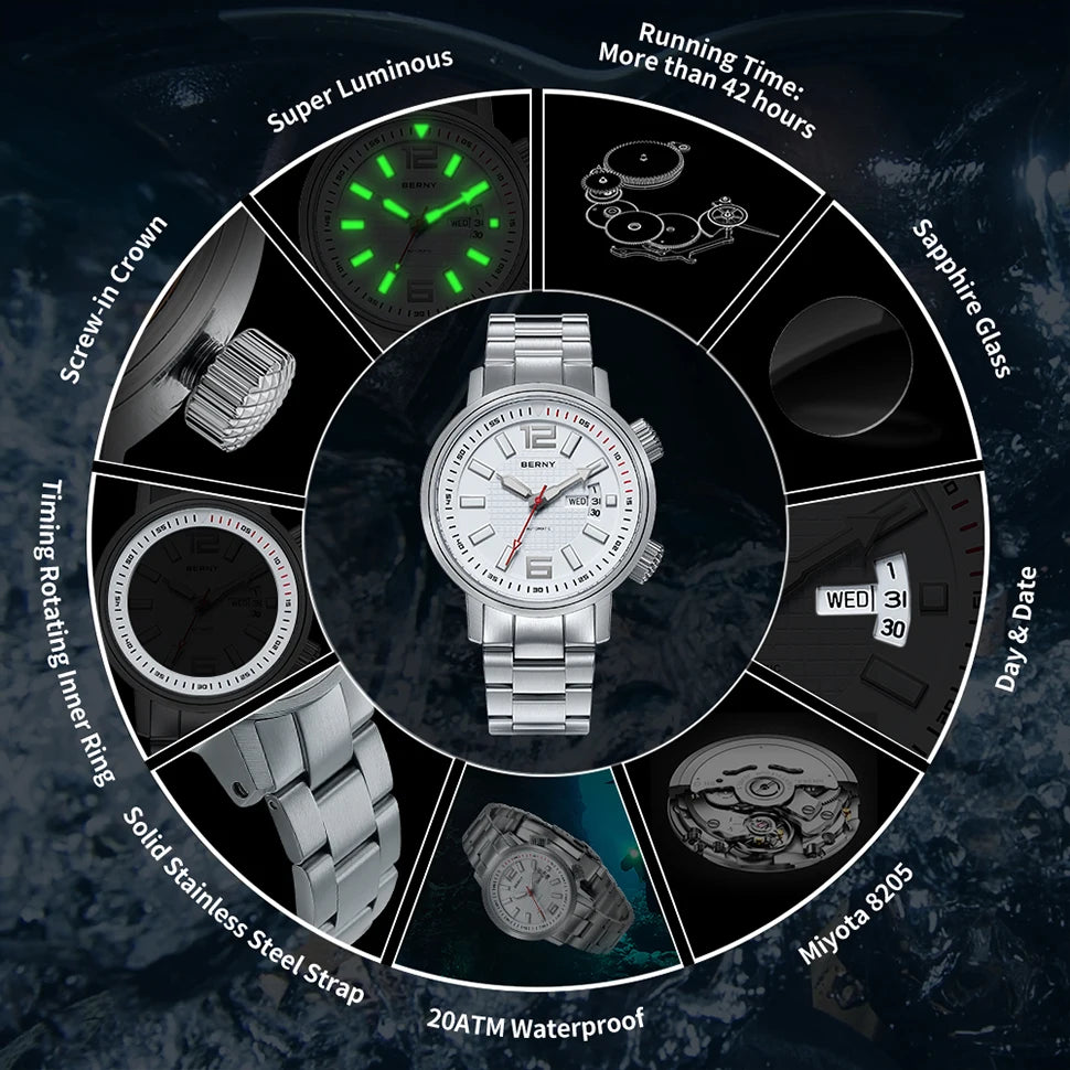 BERNY Automatic Diver Watch 20ATM For Men Miyota 8205 Sapphire