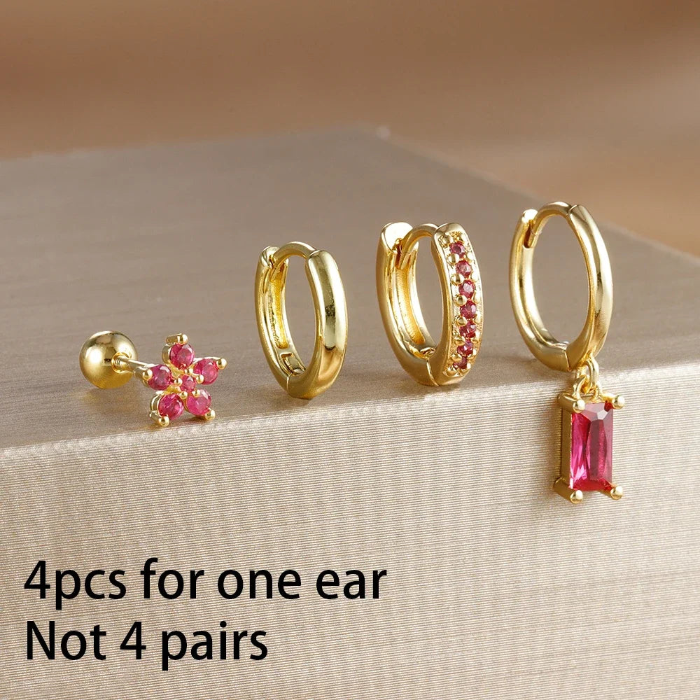 4PCS Rose Red Zircon Stainless Steel Hoop Earrings Set for Women Pendant Water Drop Earring Piercing Jewelry Gift