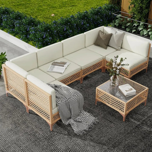 Outdoor Patio Furniture Set Wicker Sectional Sofa Boho Conversation With Tempered Glass Table