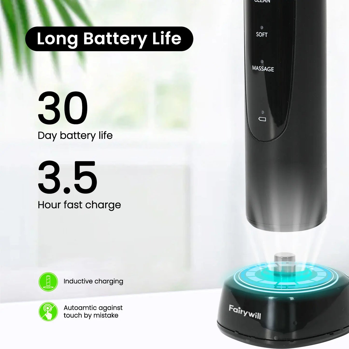 Fairywill T2233 Electric Toothbrush Rechargeable Sonic with Four Replacement Heads