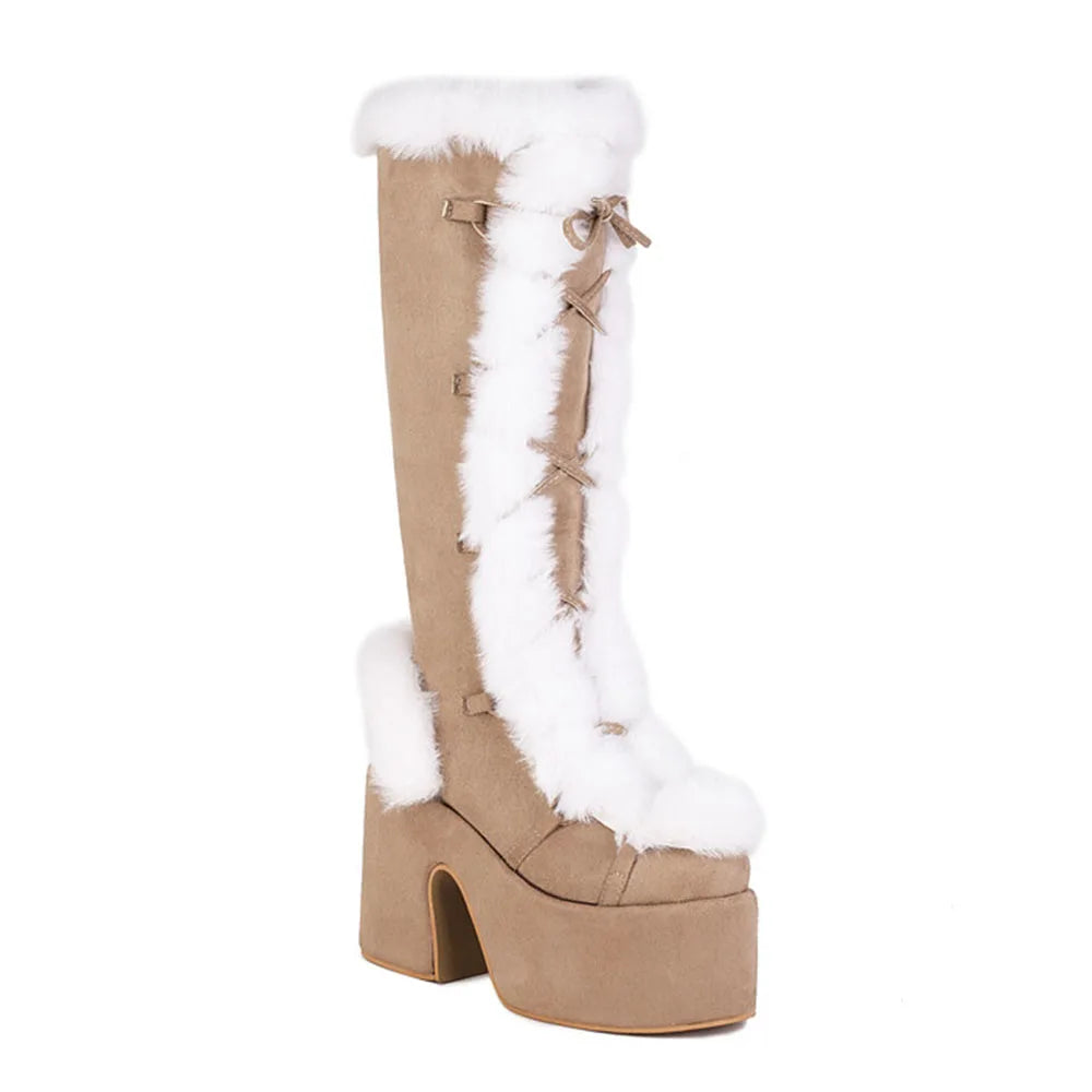 GIGIFOX Faux Fur Chunky High Heel Platform Boots for Women