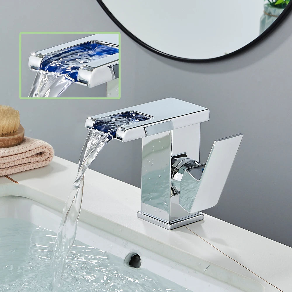Rozin LED Bathroom Basin Faucet Waterfall Hot Cold Deck Mounted