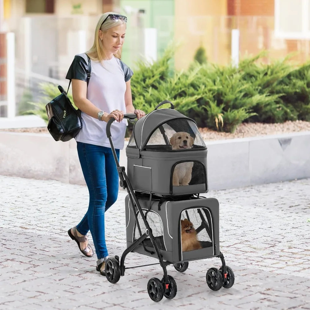 RBXC Two Dog Stroller With Detachable Carriers And Safety Belt