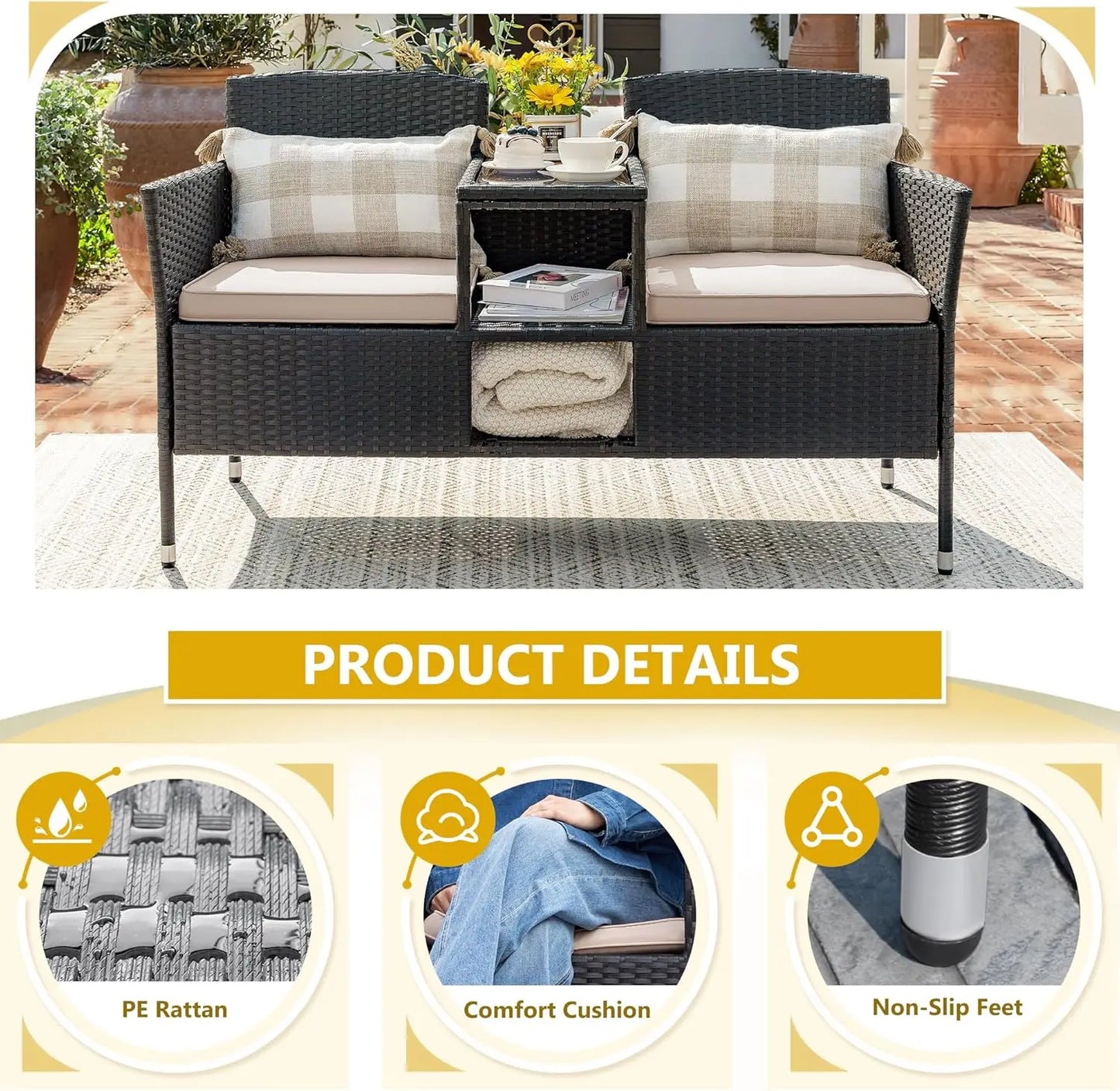 Outdoor Patio Rattan Loveseat Two Seat Conversation Set With Cushions Built In Coffee Table