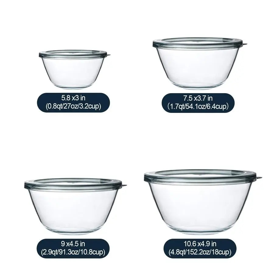 Glass Mixing Bowls with Lids, 4 Packs Glass Bowl Set, Nesting Bowls for Meal Prep, Food Storage, Bowls For Cooking, Baking, BPAF