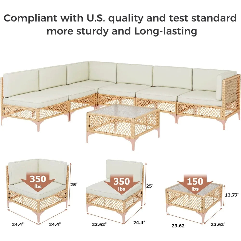 Outdoor Patio Furniture Set Wicker Sectional Sofa Boho Conversation With Tempered Glass Table