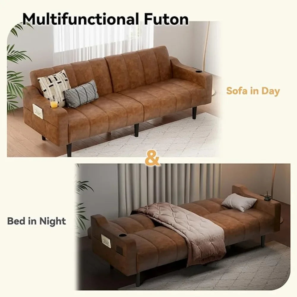 HUANZHUANG Faux Leather Sofa Bed With Adjustable Backrest