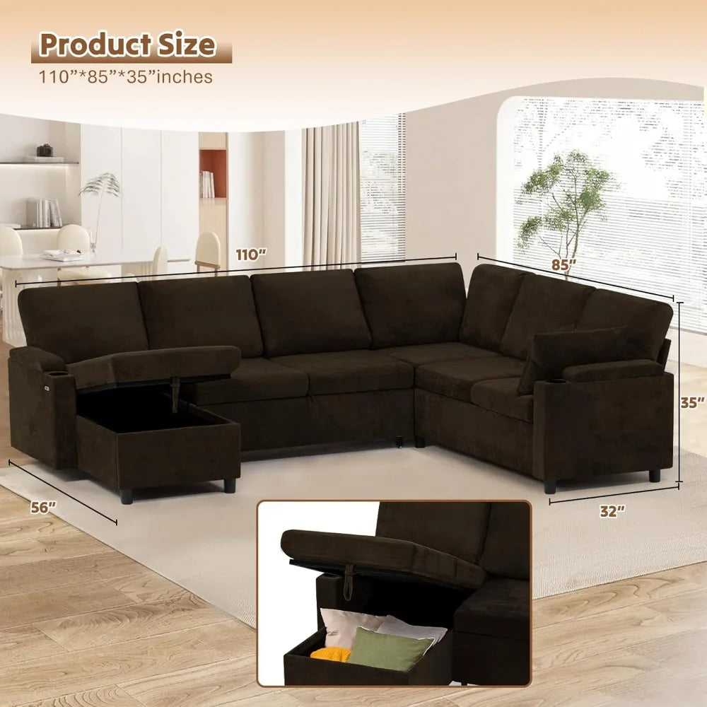 TexturedChenille Flip Up PremiumQuality Modular Sectional Sofa With USB ChargingPorts