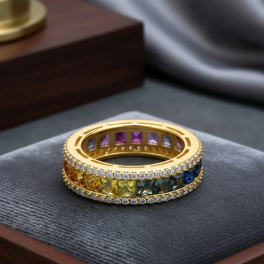 Multi-Color Moissanite Eternity Ring, 3*3MM D-Color Gemstone S925 Silver 18K Gold Plated, 5A Zircon Women Fashion Engagement Sta