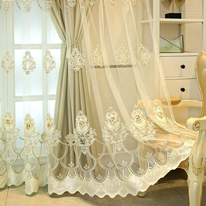 Double Layer Blackout Curtains With Embossed Base And 3D Embroidered Detailing In Polyester For Bedroom And Living Room