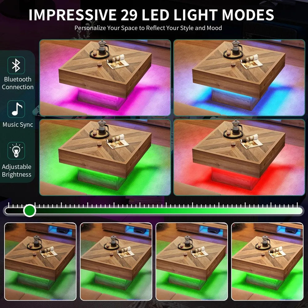 Square LED Coffee Table With Two Drawers, Modern Living Room Center Table With App Controlled LED Lighting