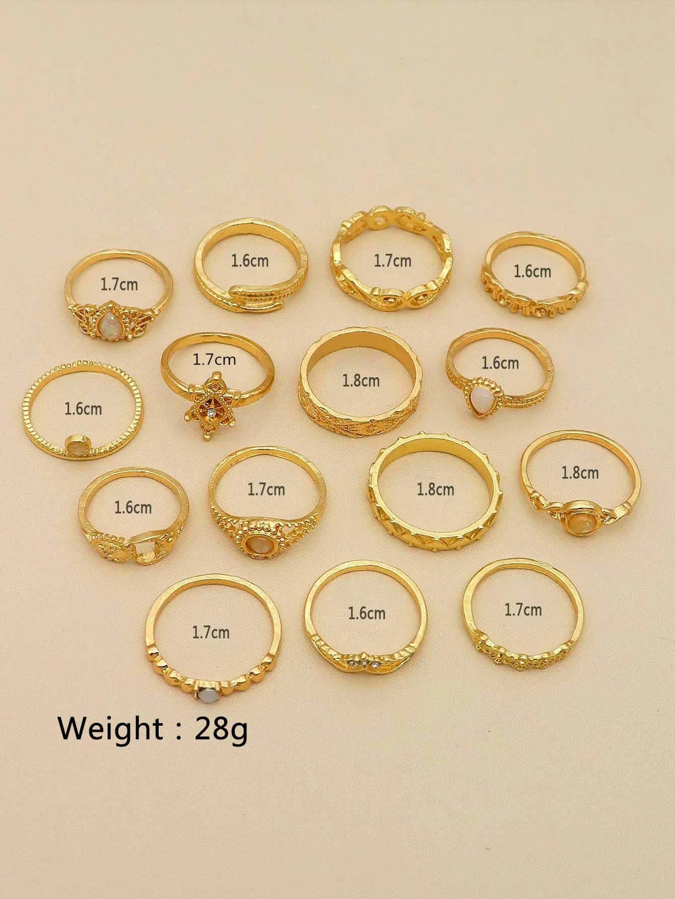 15pcs Gold Tone Boho Ring Set with Opal & Rhinestone Accents for Women