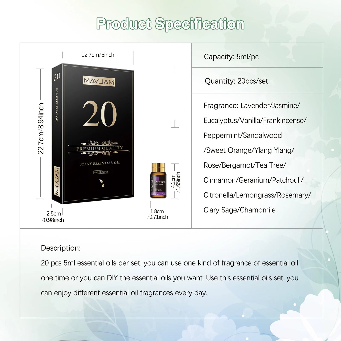 MAYJAM 20 Bottles Essential Oils Kit Set Lavender Jasmine Eucalyptus Vanilla