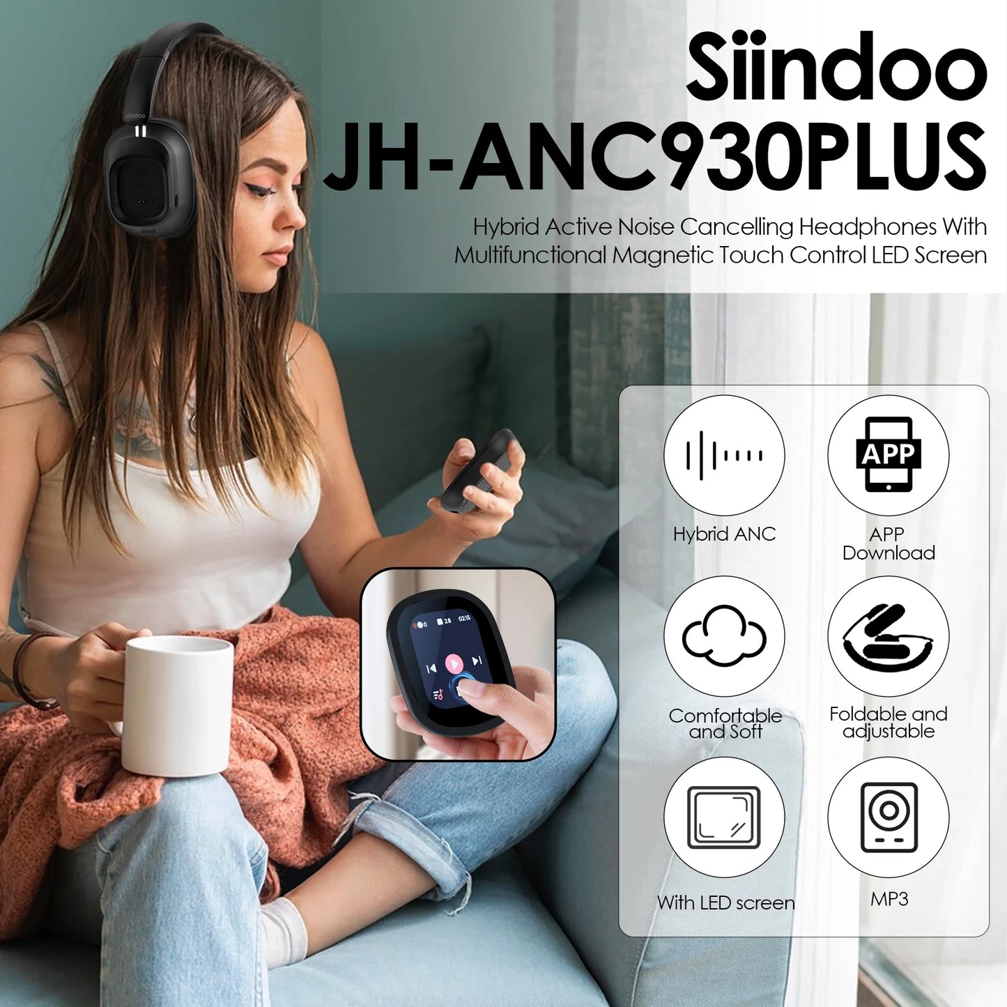 Siindoo ANC930Plus Hybrid Wireless Headphones With Touch Controls