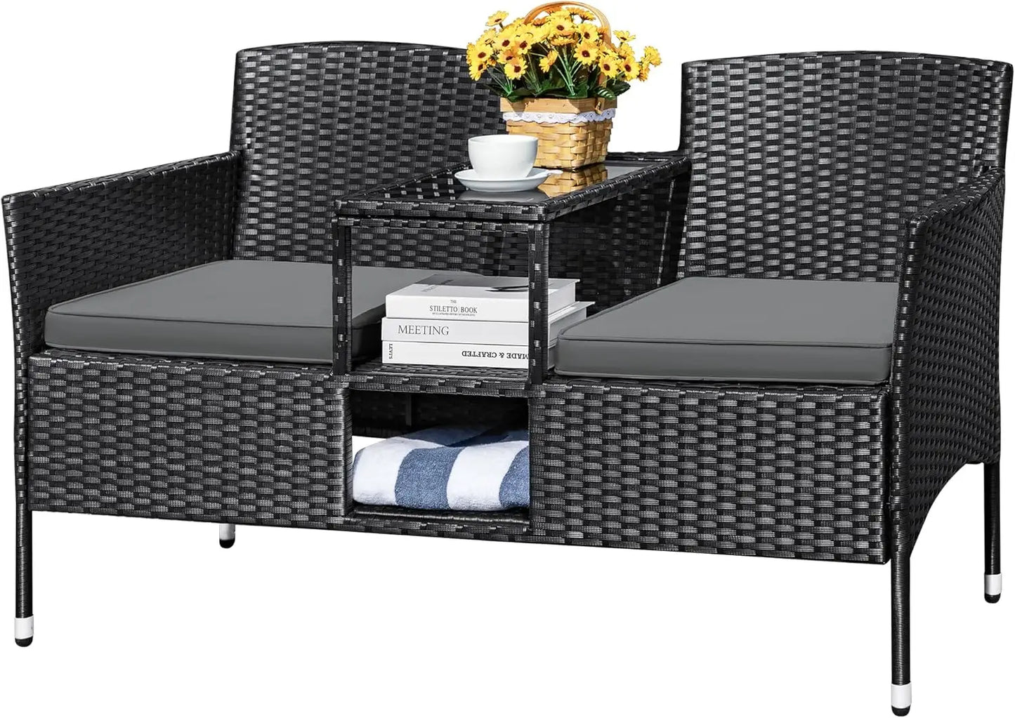 Outdoor Patio Rattan Loveseat Two Seat Conversation Set With Cushions Built In Coffee Table