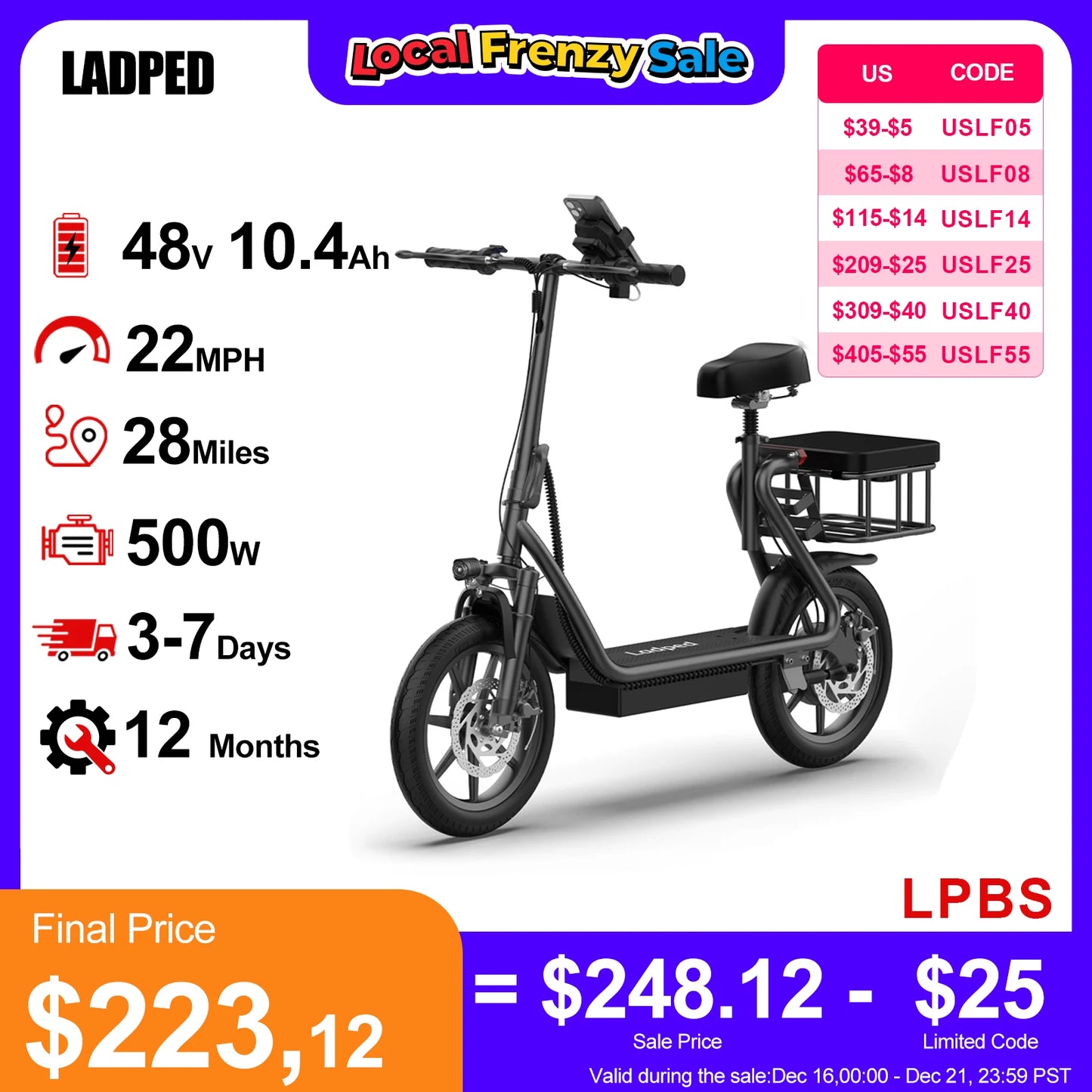 Ladped LPBS 500W Foldable Electric Bike 21MPH 10.4Ah Battery