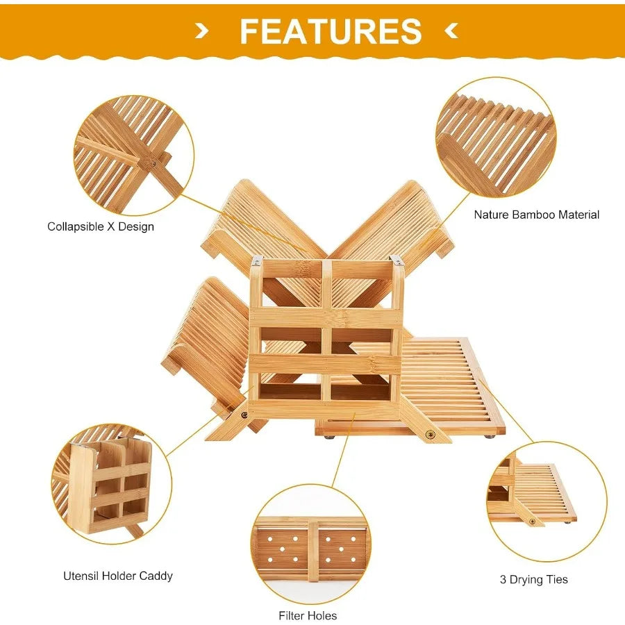 Bamboo Dish Drying Rack, 3 Tier Collapsible Wooden Dish Drainer Rack with Utensil Holder, Plate Rack for Kitchen Counter, Large