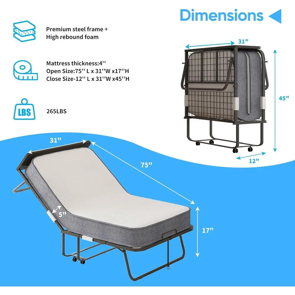 ZHUXIANG Portable Rollaway Bedstead With Mattress Headboard And Reinforced Casters