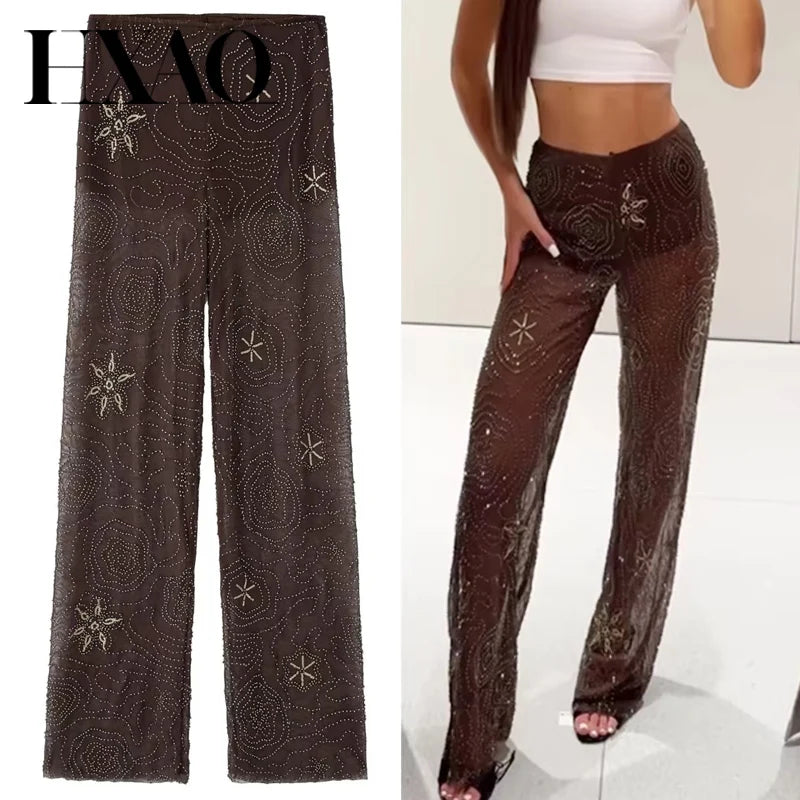 Women's Beaded Sequin High Waist Pants for Streetwear and Casual