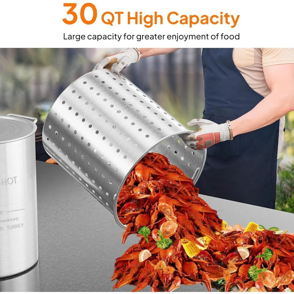 30QT Turkey Fryer Pot & Seafood Boil Pot w/Strainer Basket Stock Pot for Cooking