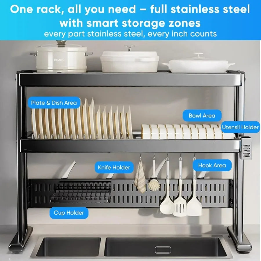 Large Over The Sink Dish Drainer Drying Rack，2 Tier Large Capacity Stainless Steel Dish Drying Rack Over Sink, Multifunctional K