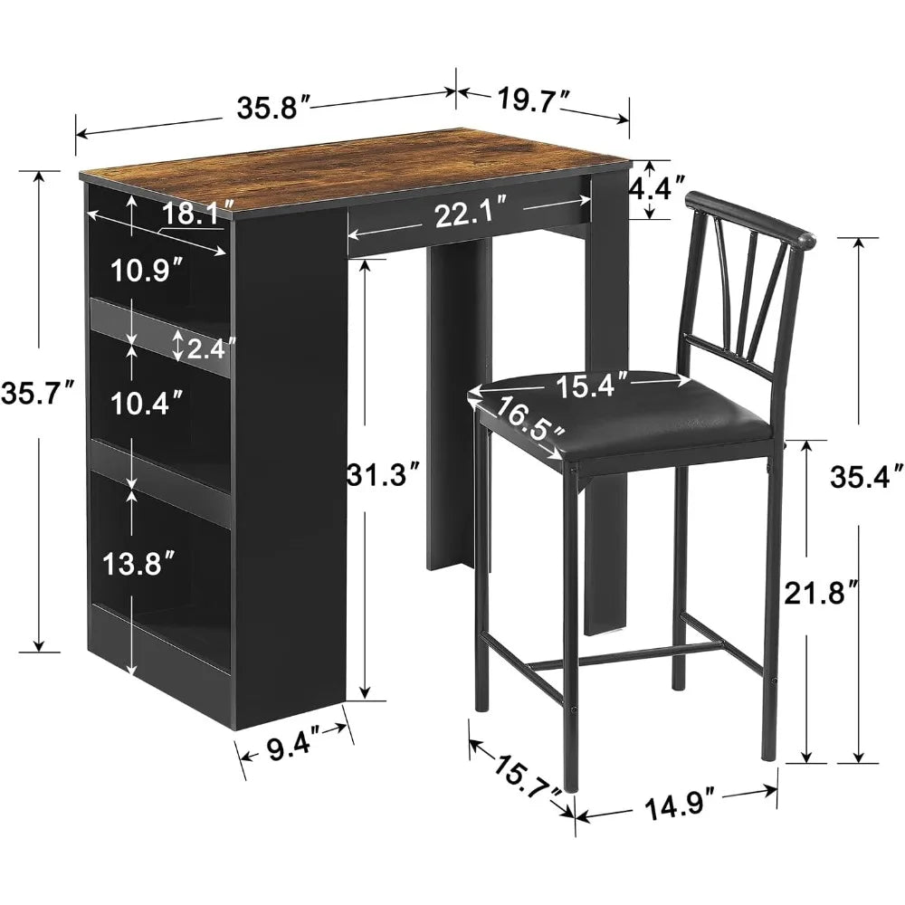 Retro Bar Table and Chairs Set for Two with HighCapacityIntegratedShelvesAndStorage