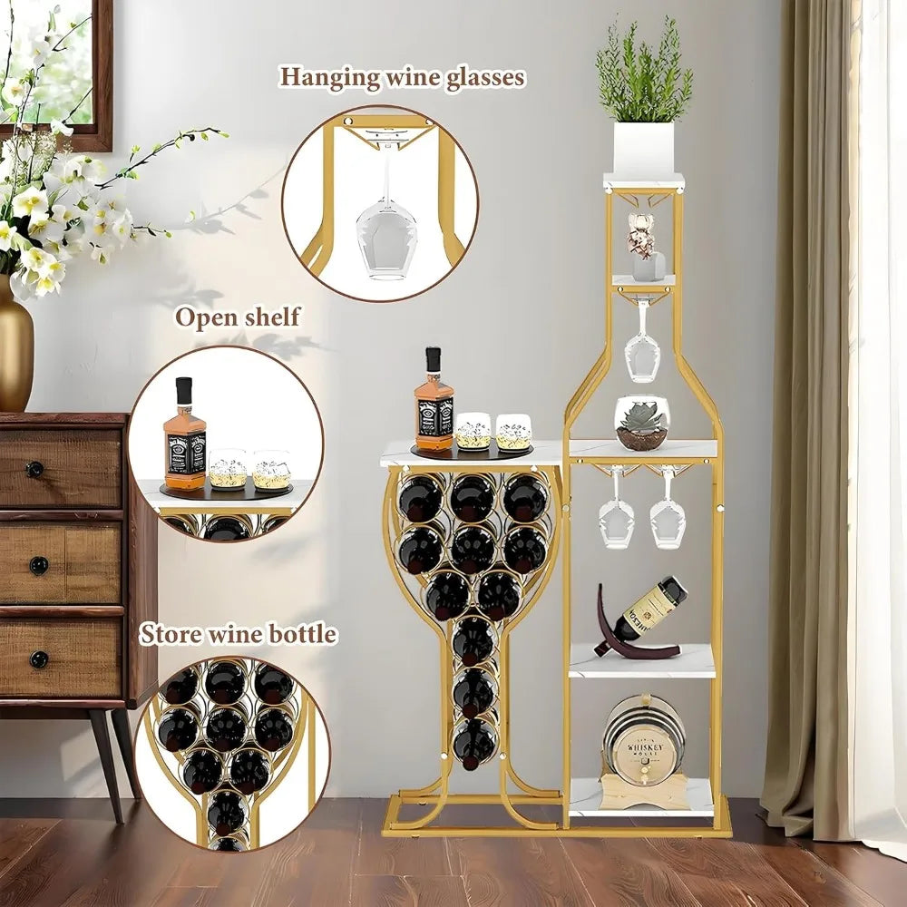 Freestanding Floor Wine Rack with Bottle and Glass Holder, Wrought Iron Wall Mount Rack, Home Wine Accessories