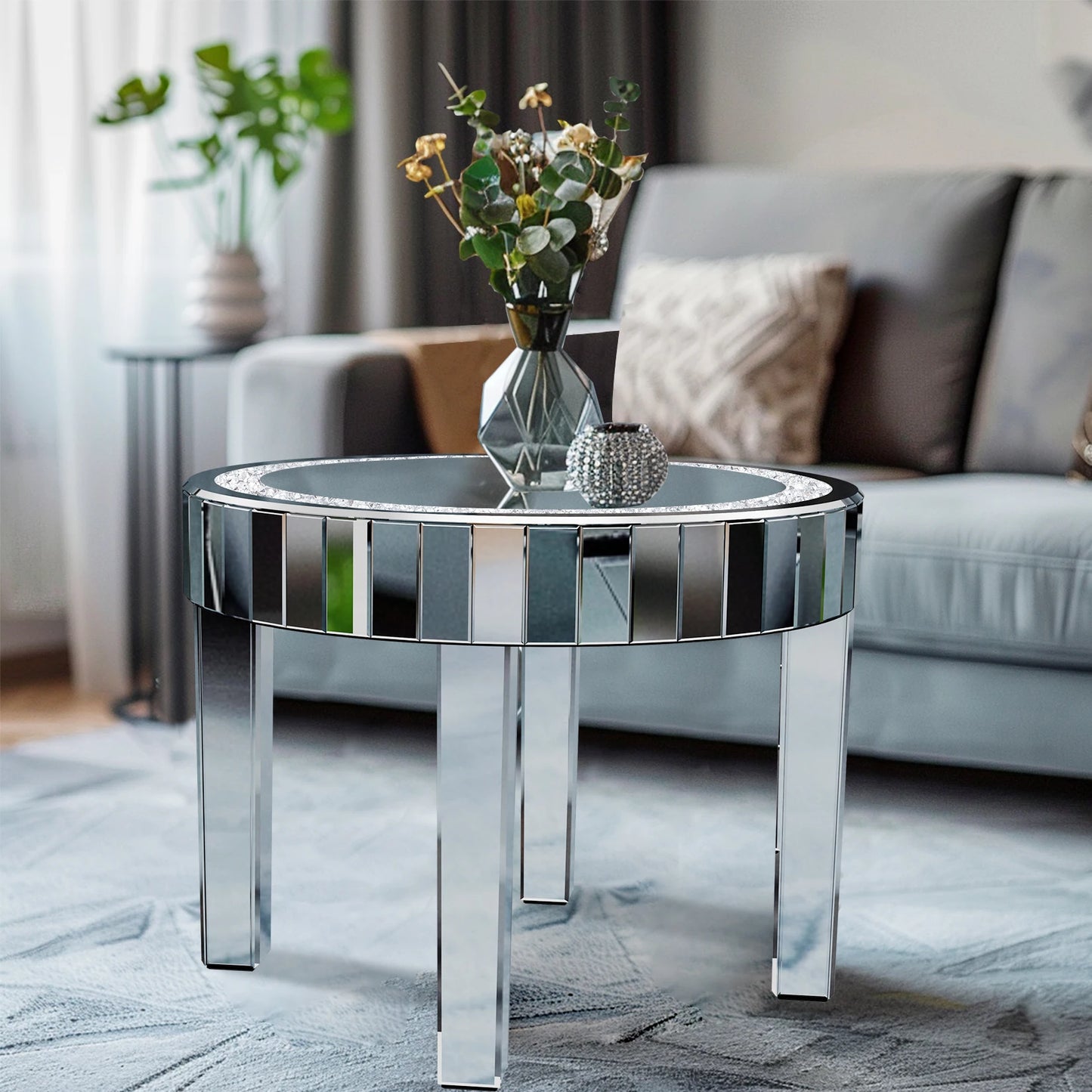 LUVODI Luxurious Round Bejeweled Mirrored Nightstand With Crystal Inlay Detailing