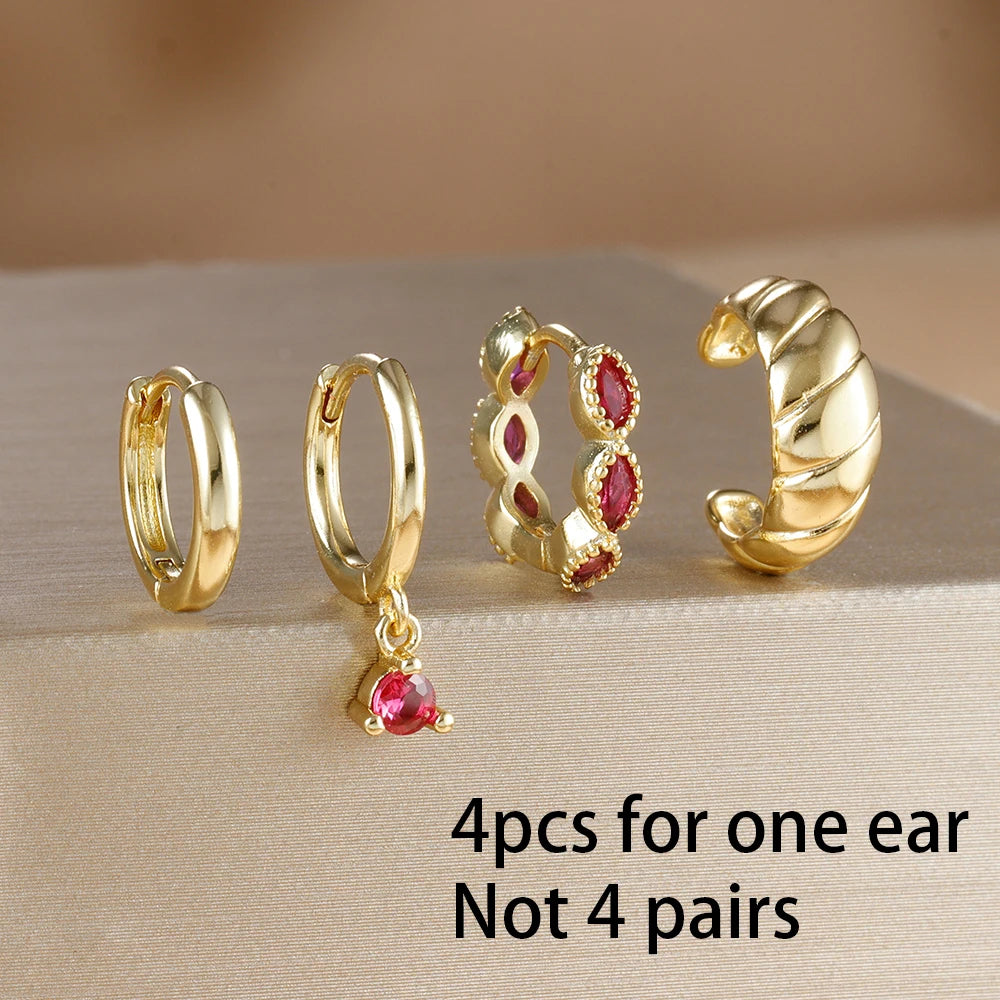 4PCS Rose Red Zircon Stainless Steel Hoop Earrings Set for Women Pendant Water Drop Earring Piercing Jewelry Gift