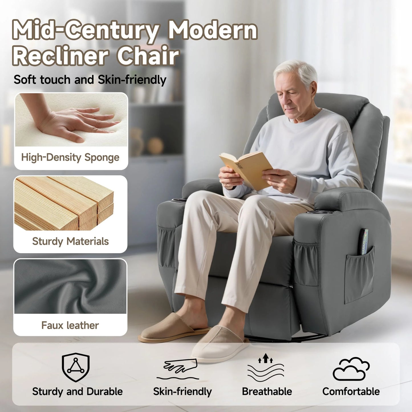 KORSER Recliner Chair With Massage And Heat 360 Degree Swivel Rocker With Remote Control Cup Holder For Living Room