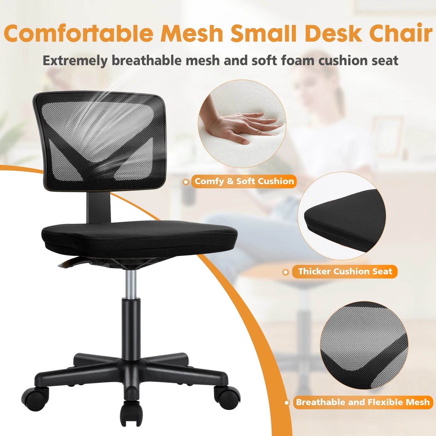 JHK Armless Mesh Office Chair With Lumbar Support 360 Swivel