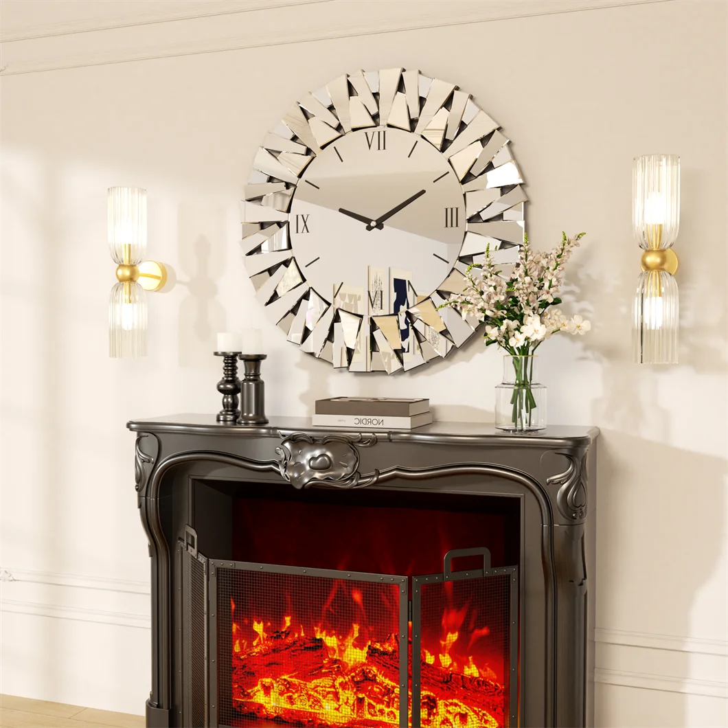 Wall Clock 3D Mirrored Sunburst Edge Roman Numeral UltracontemporaryExquisite Decor