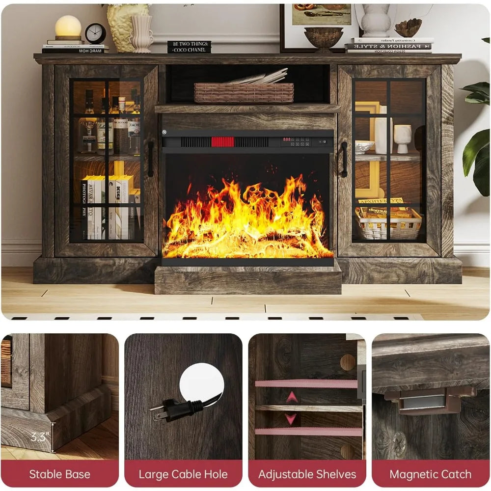 ZHUXIANG Modern Fireplace TV Stand With Three Sided Glass Doors Entertainment Center
