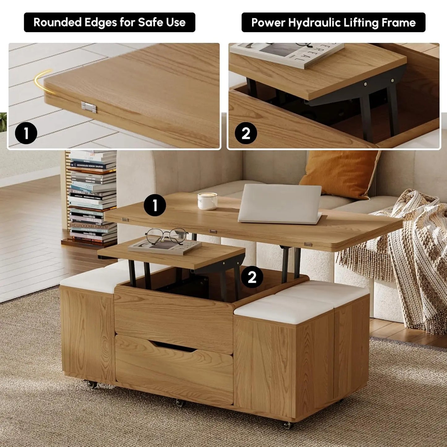Natural Lift Top Coffee Table With Hidden Storage And Four Stools Three In One Modern Multi Function Center Table