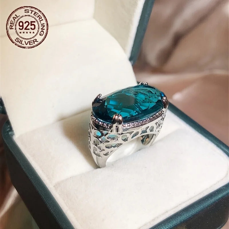 WPOOCC Lab Sapphire Zircon Ring 925 Sterling Silver Hollow Oval