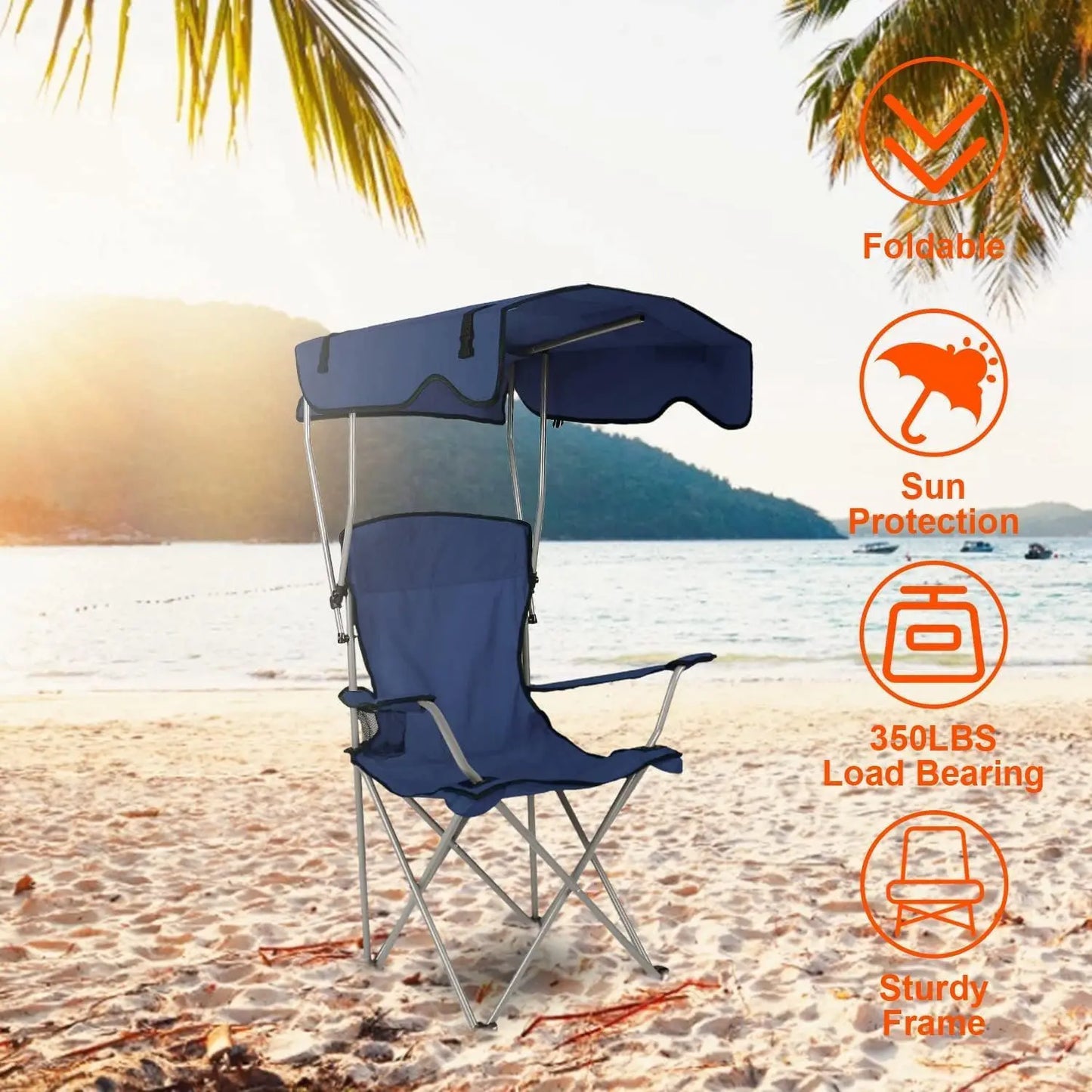 Camping Chair With Canopy Outdoor Portable Folding Lounge Chair UPF 50 Sun Shade Cup Holder
