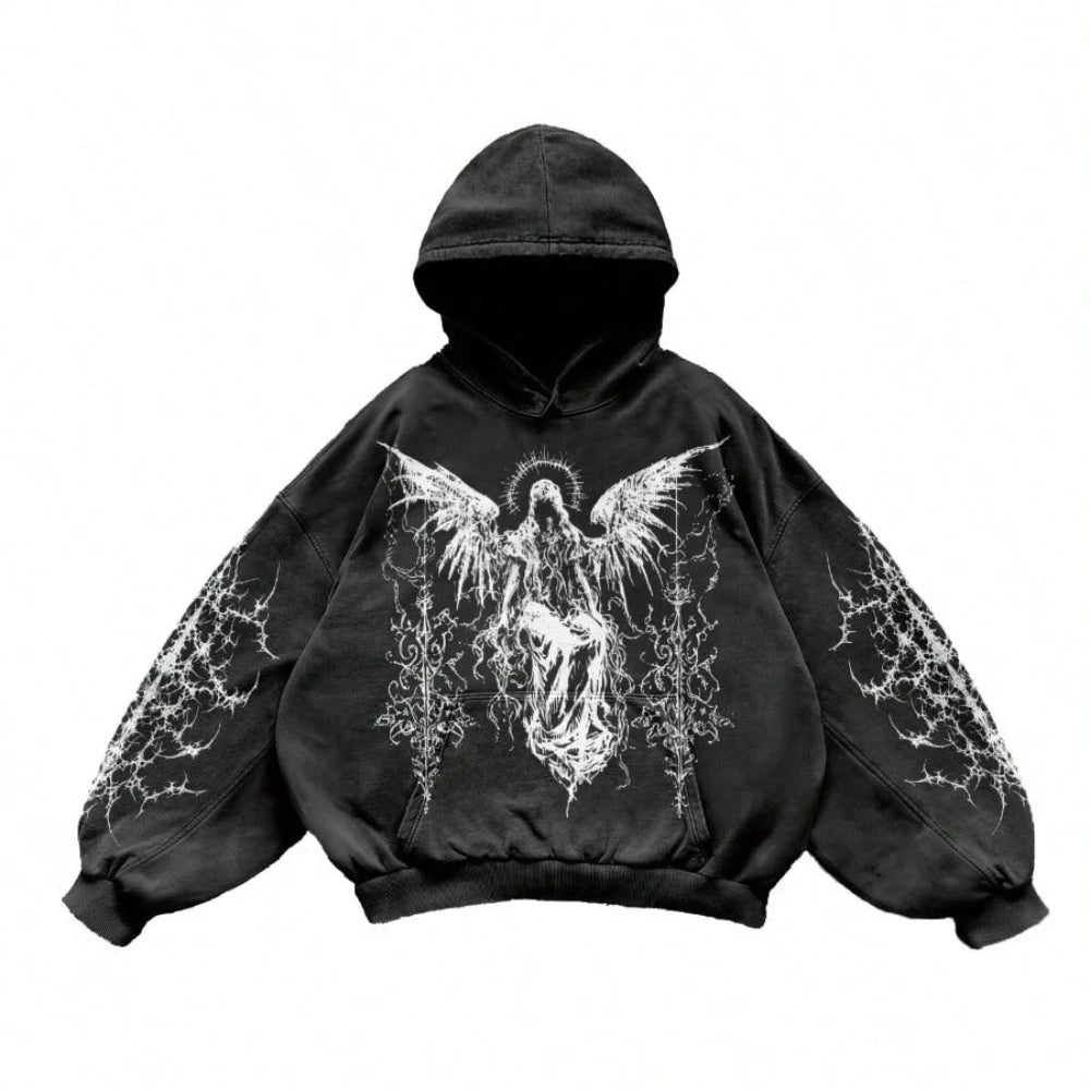 Gothic Hoodie Men Angel Printed Minimalist Hooded Sweatshirt Emo Style Vintage 2000s Style Wash Halloween Hoodies