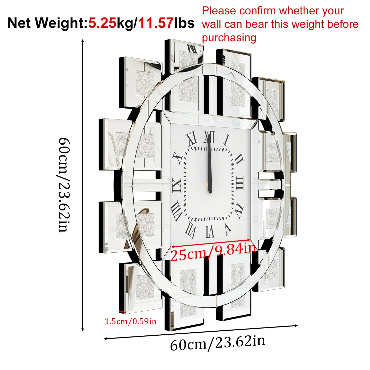 Round Wall Clock with Crushed Diamond Decor Beveled Mirror Edge