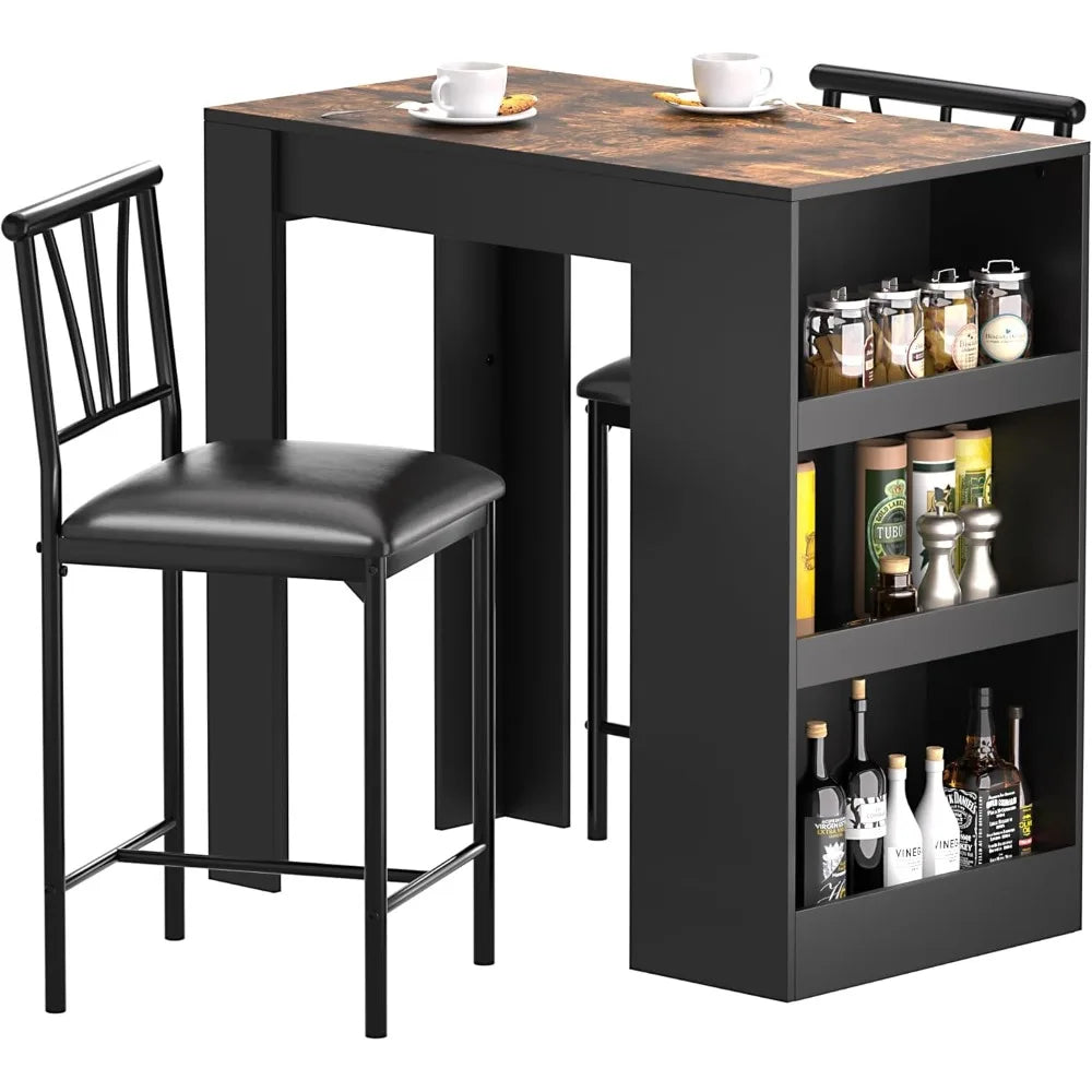 Retro Bar Table and Chairs Set for Two with HighCapacityIntegratedShelvesAndStorage